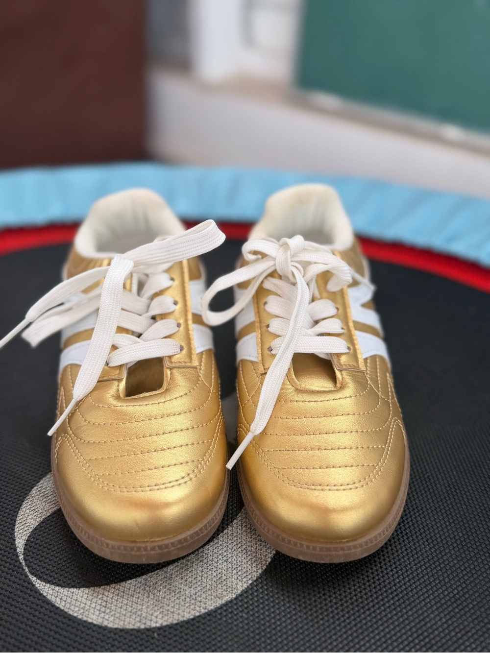Gold Metallic Women's Lace-Up Sneakers with White Stripes